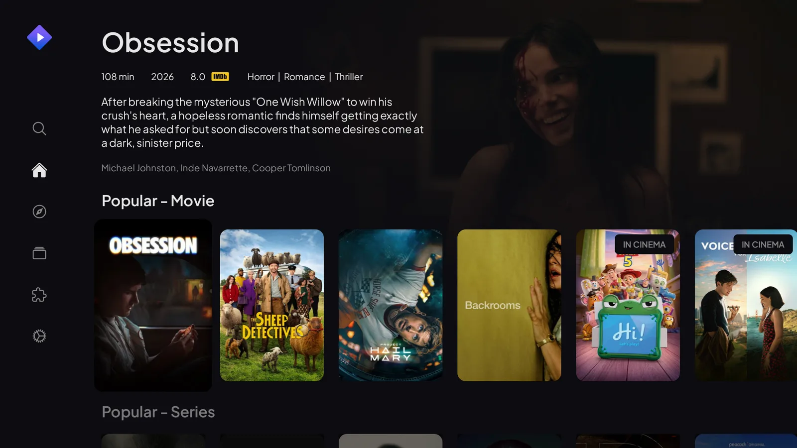 The Stremio home screen on a Fire TV showing the movie and TV poster rows and the top menu
