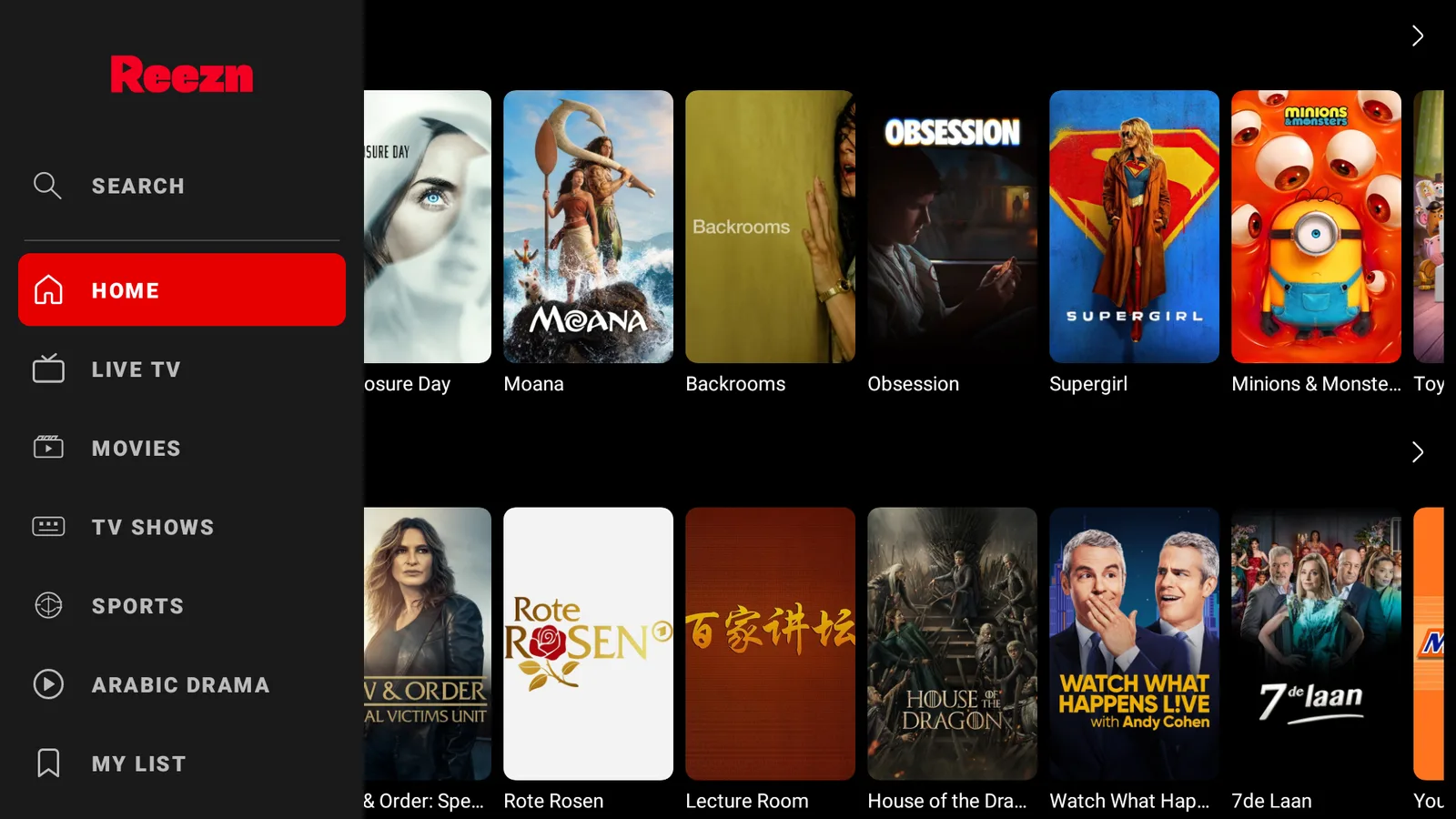 The Reezn home screen on a Fire TV showing the Live TV, Movies, and Sports sections