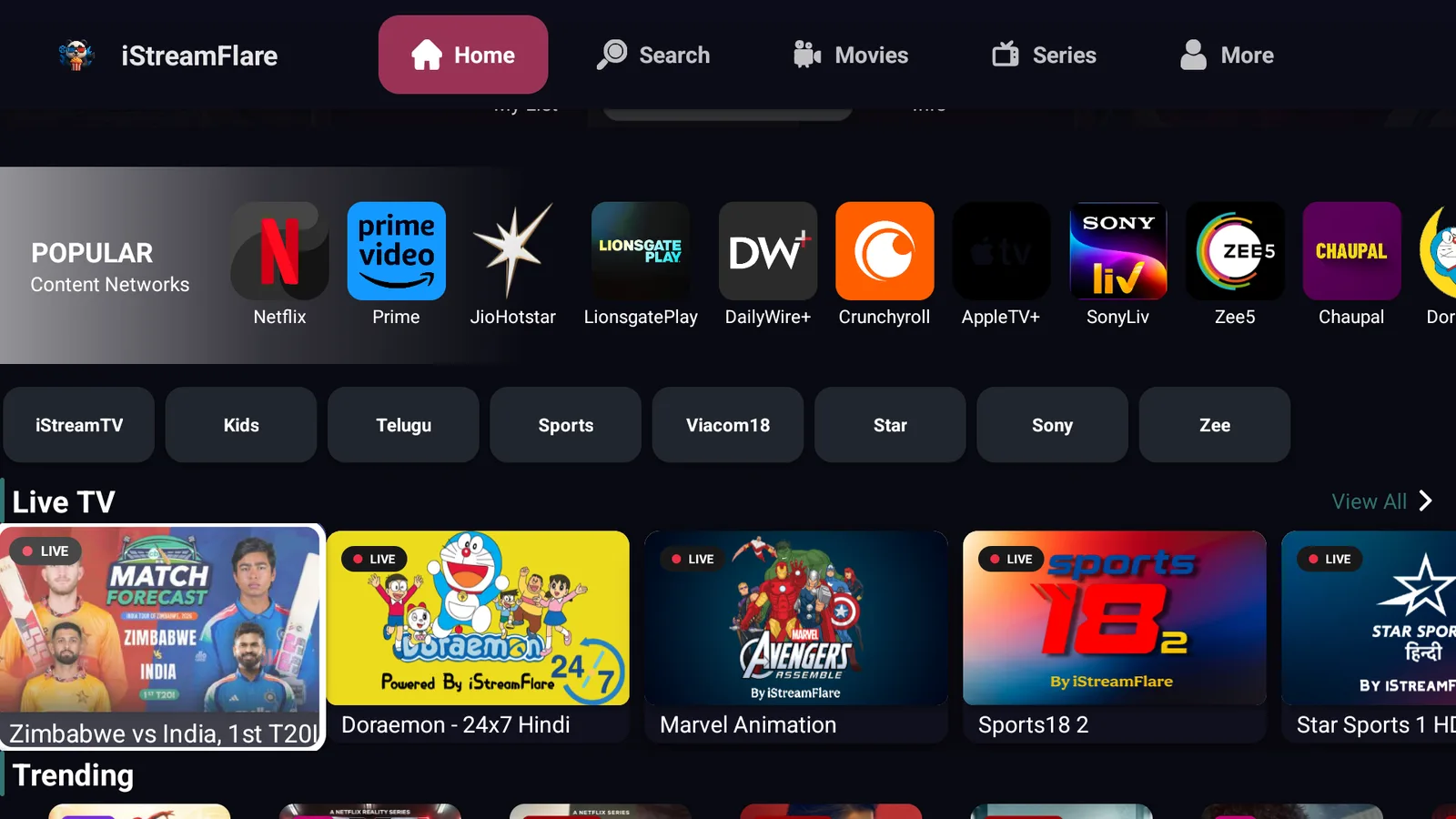 iStreamFlare home screen showing the movies and live TV rows