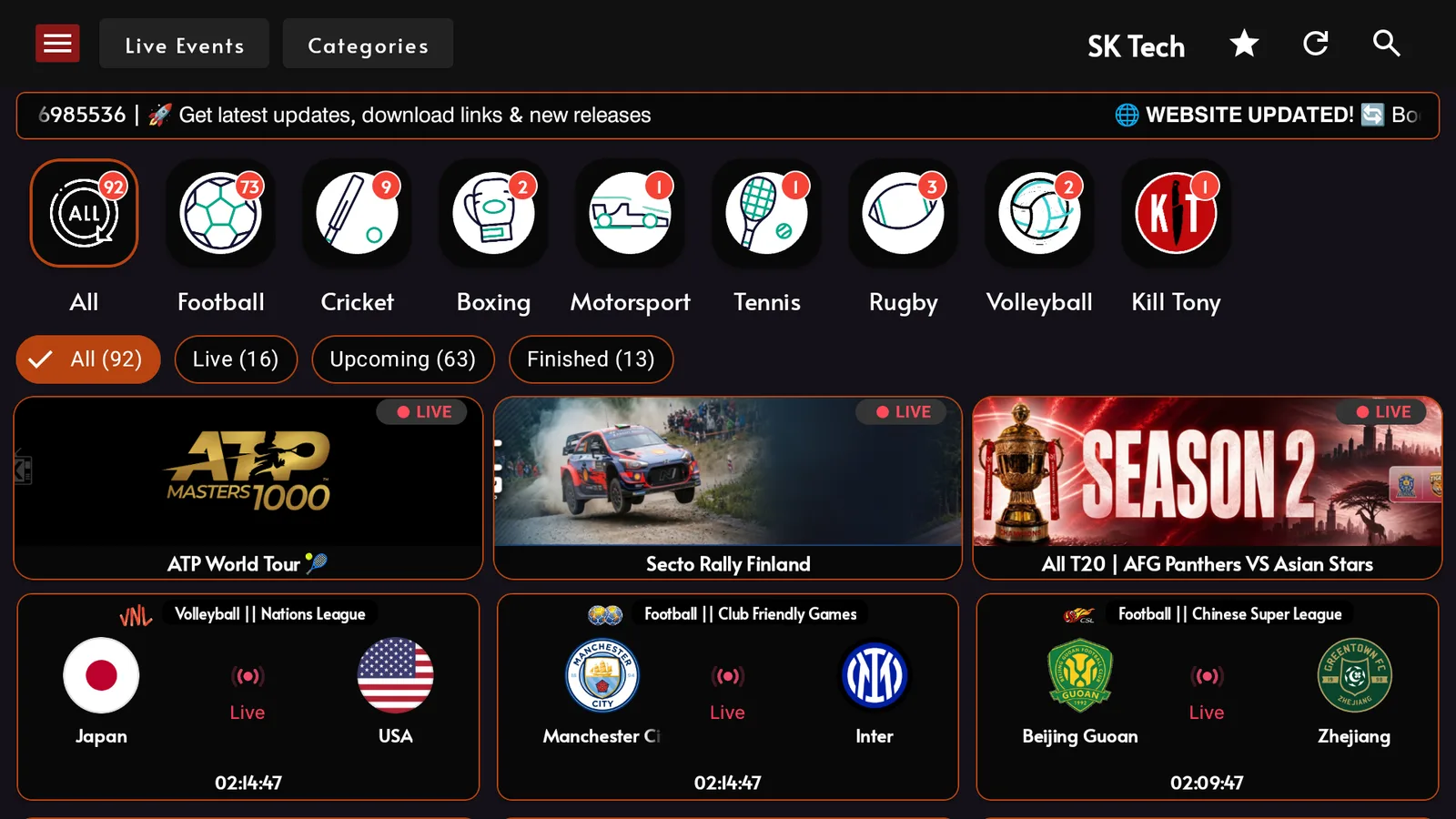 SK Tech live TV guide showing sports channels