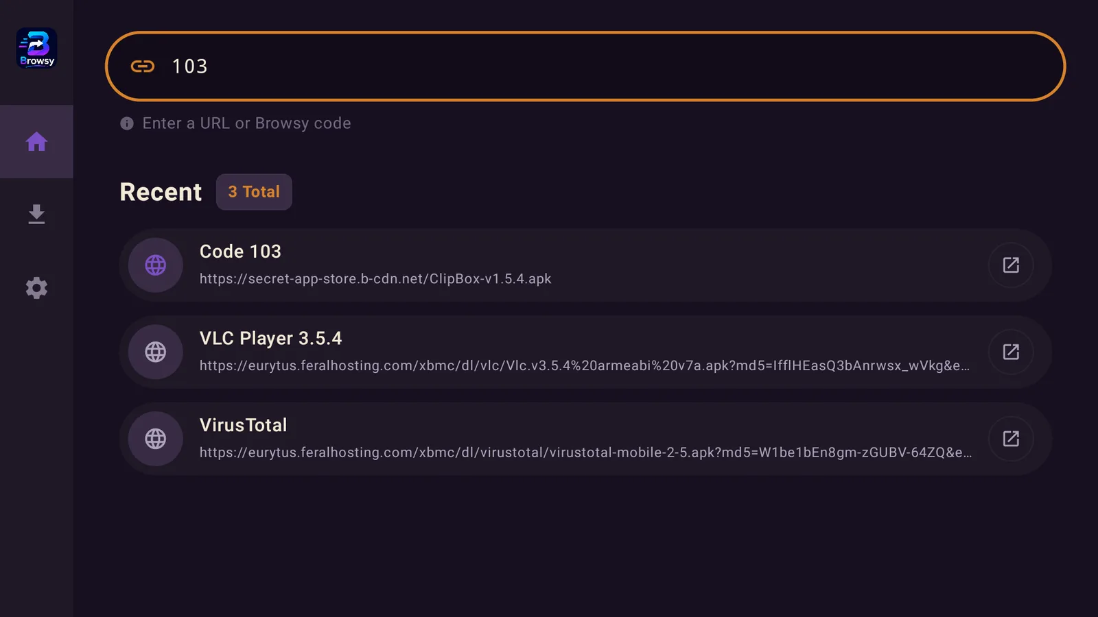 The Browsy app on an ONN box with the Clip Box code 103 typed into the code box