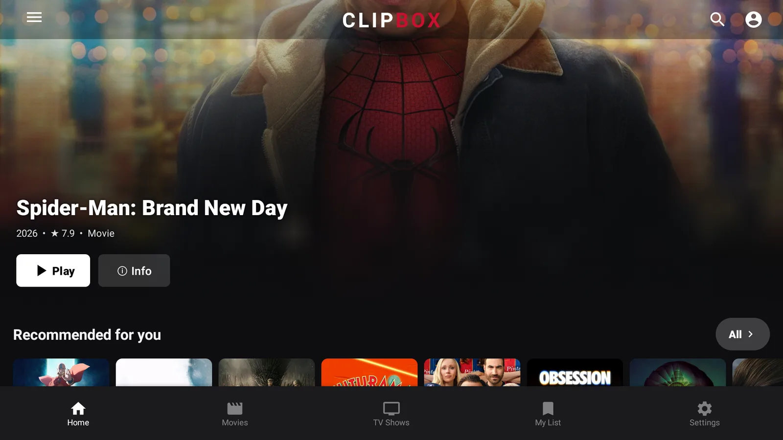 The Clip Box home screen on a Fire TV showing movie and TV posters and the search bar