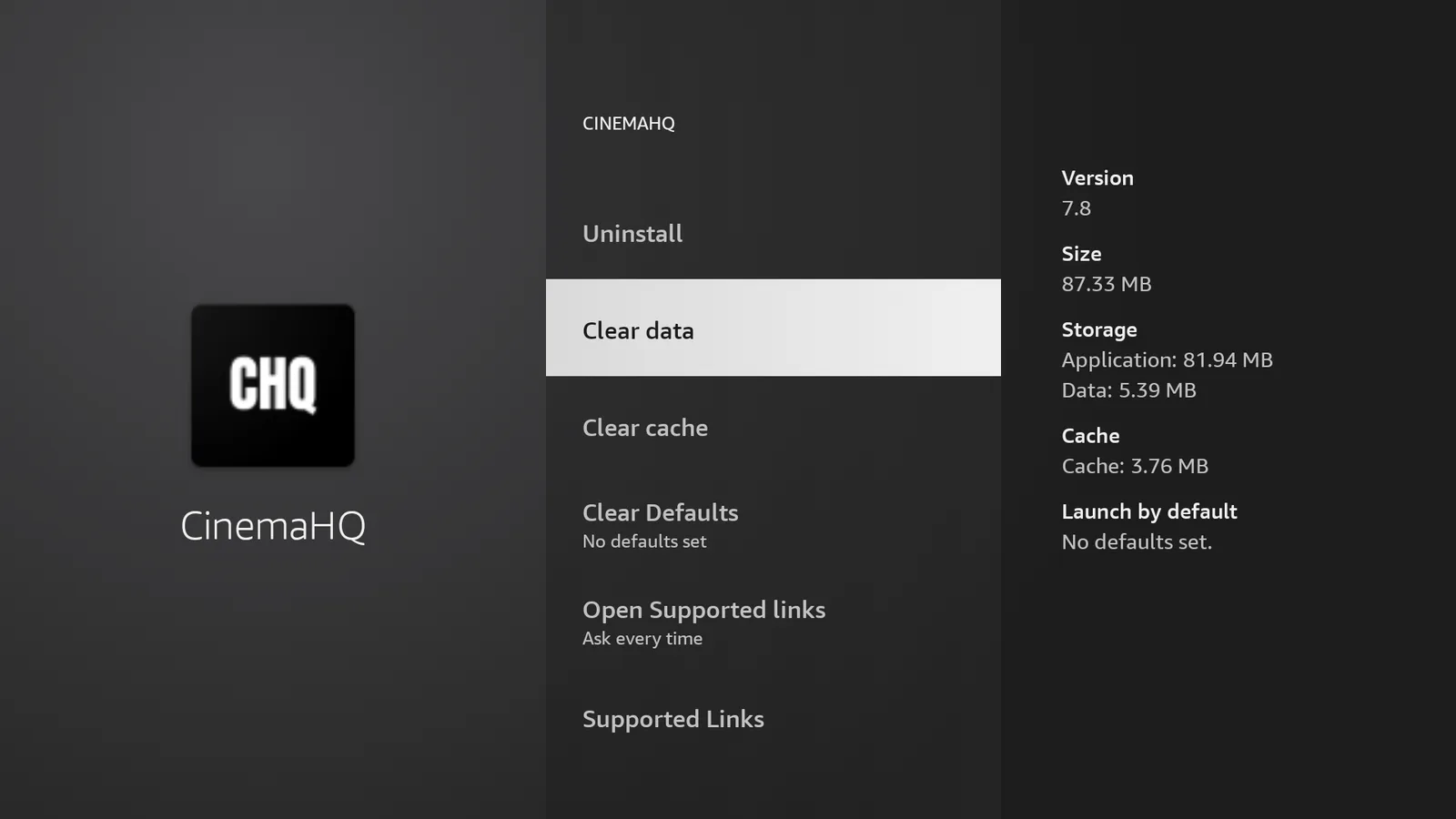 Cinema HQ application settings screen showing Clear Cache and Clear Data