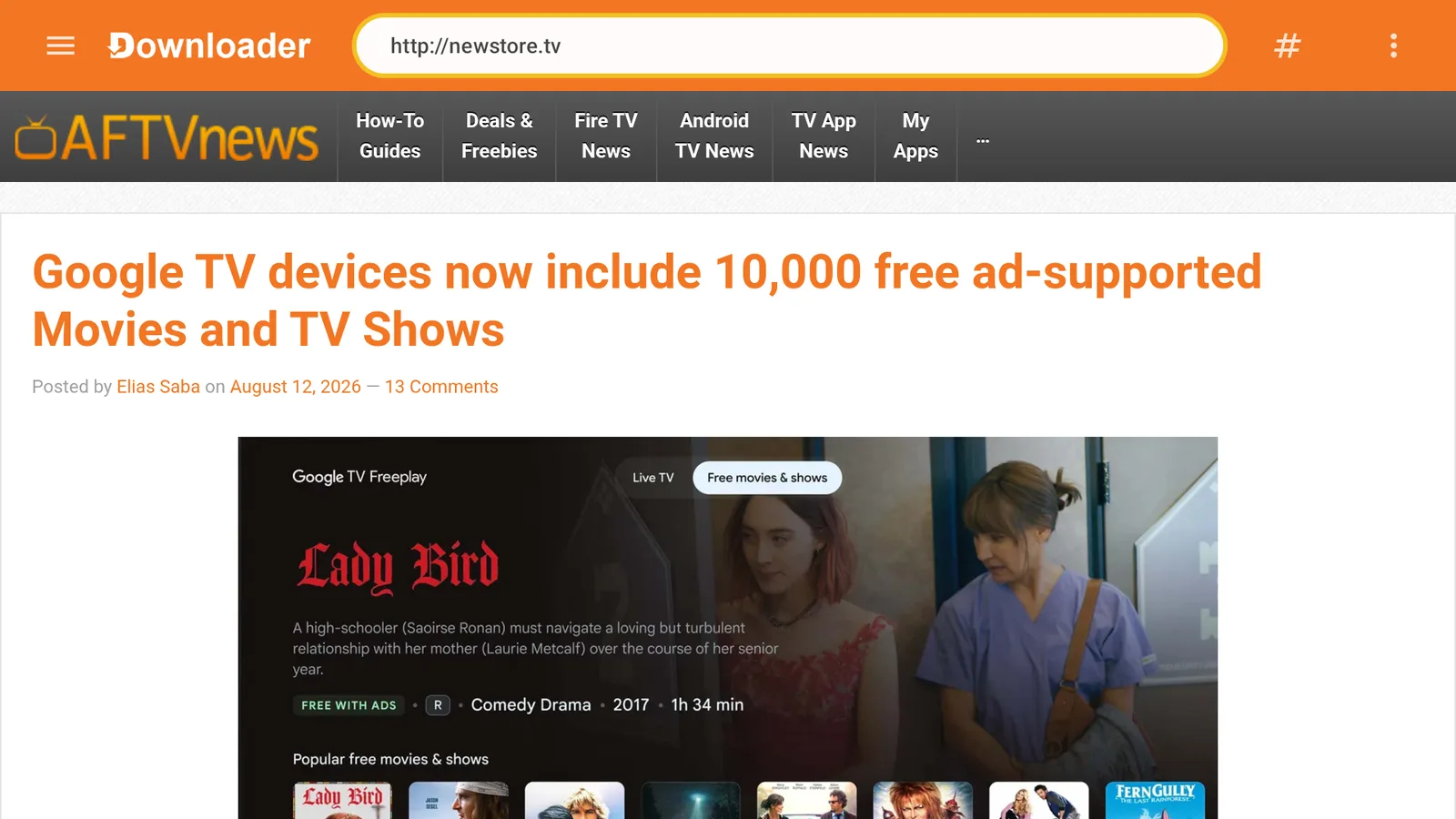 Downloader Home screen with newstore.tv typed in the URL field