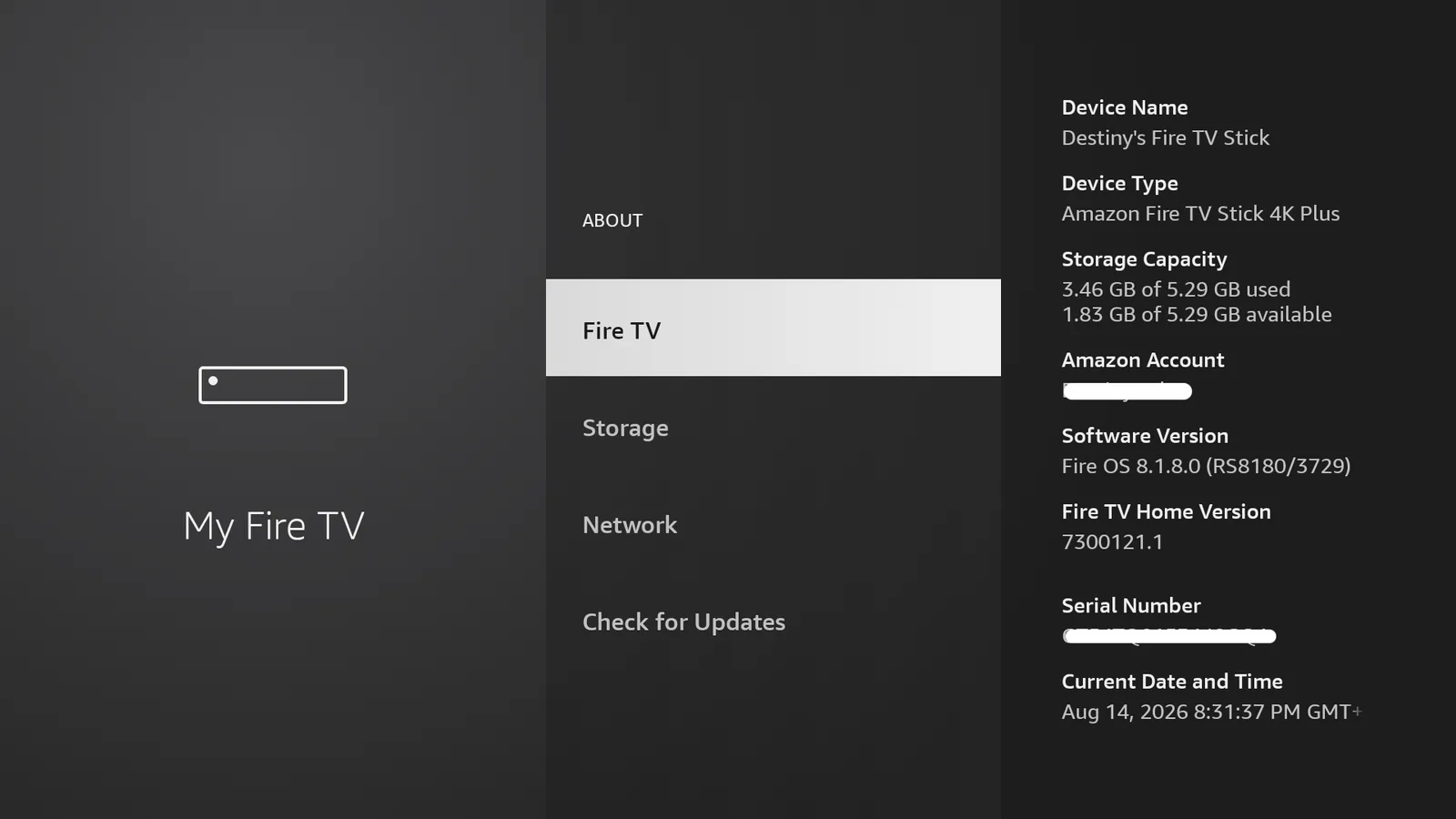 Fire TV About screen with the Fire TV Stick device name highlighted