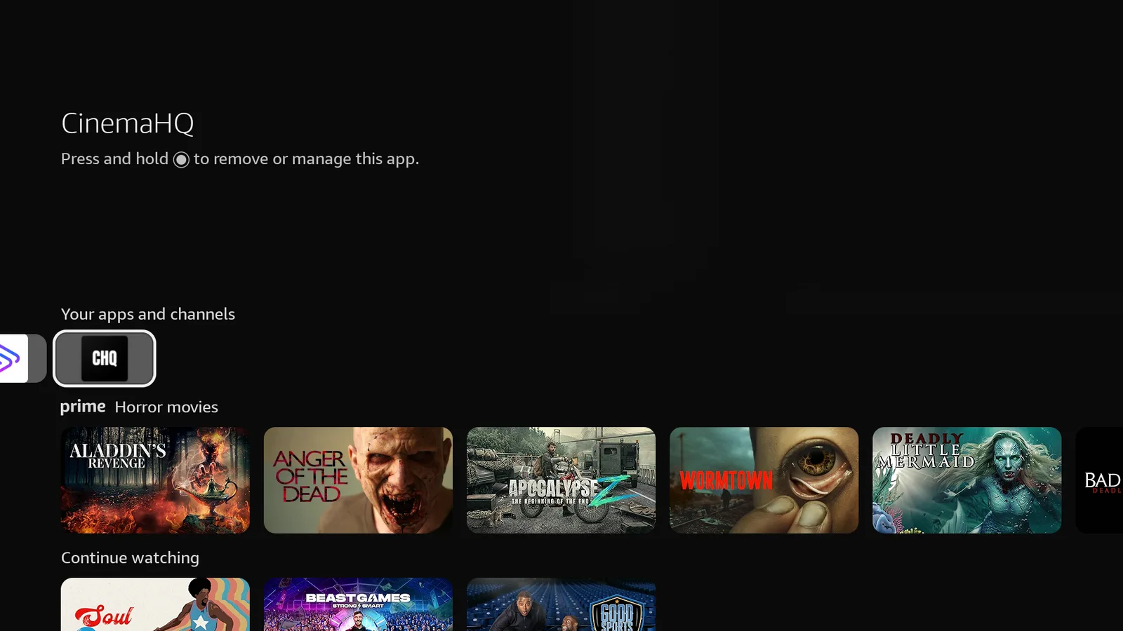 Fire TV Apps screen showing Cinema HQ installed in the apps grid