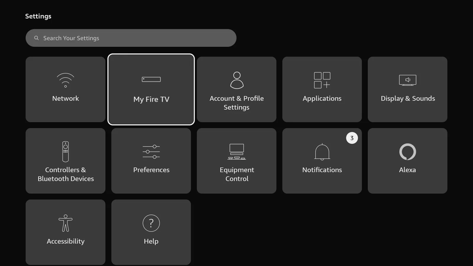 Fire TV Settings screen showing My Fire TV selected