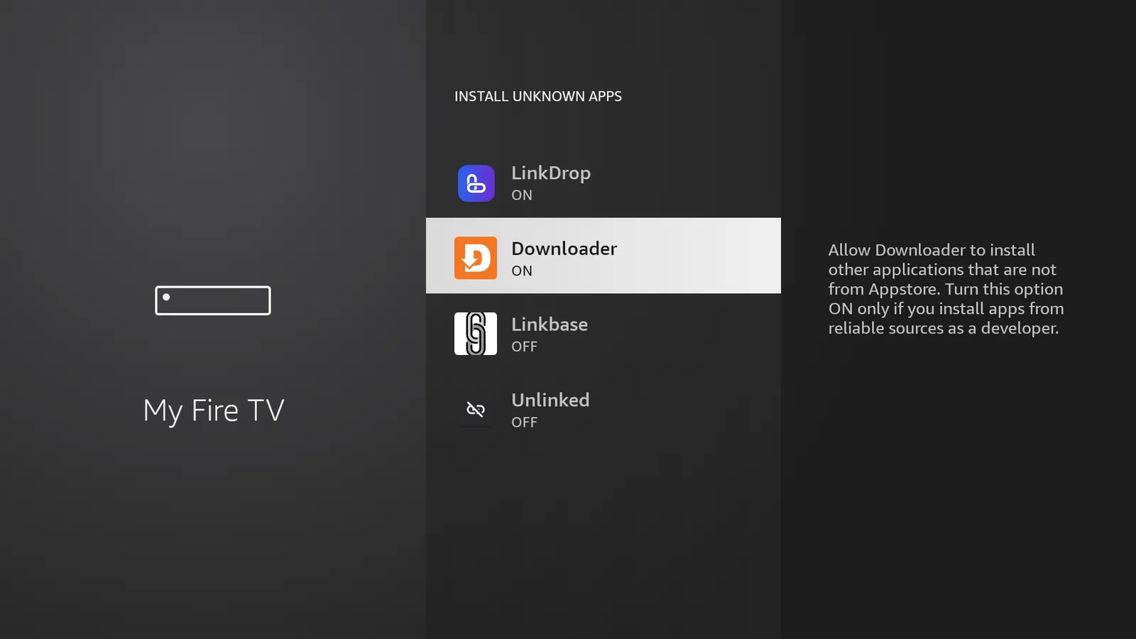 Install Unknown Apps screen showing Downloader set to ON