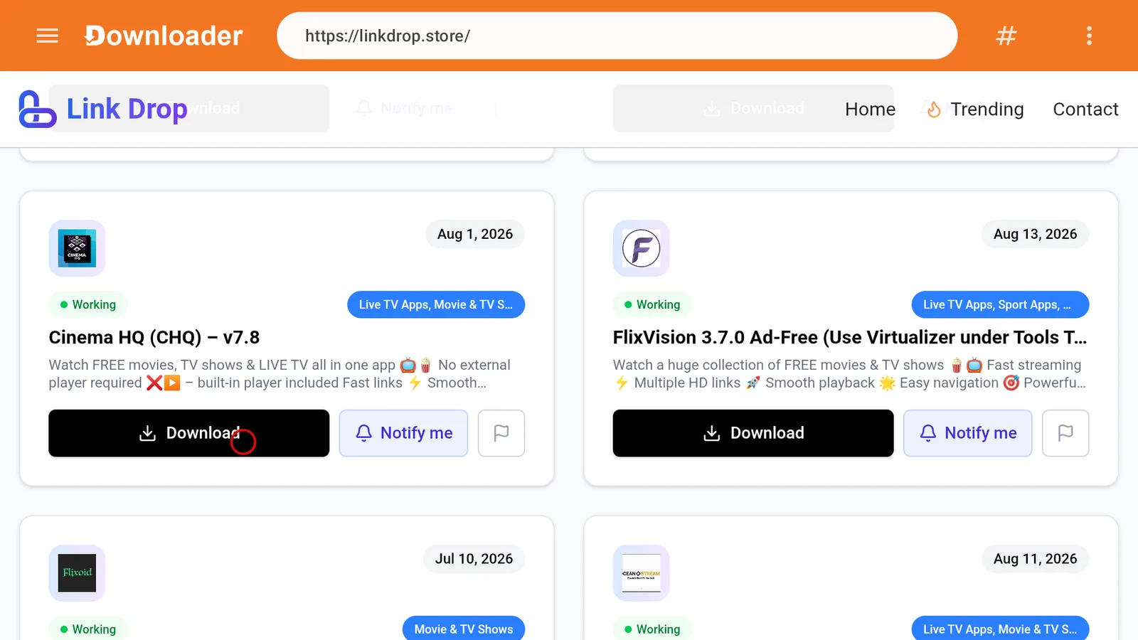 LinkDrop collection screen showing Cinema HQ in the app list