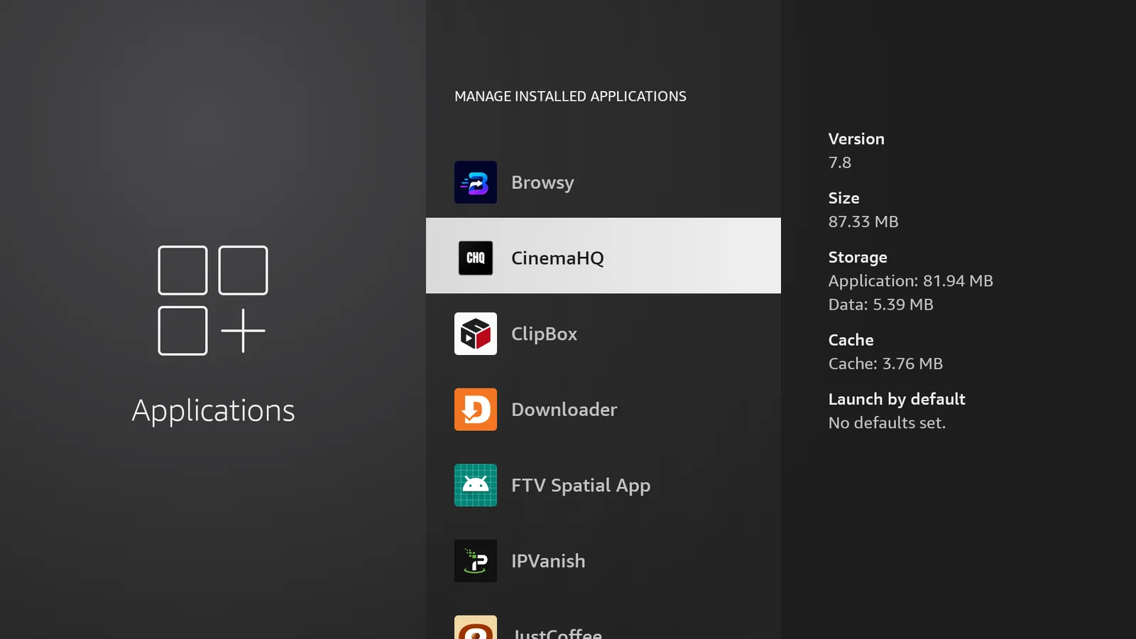 Manage Installed Applications screen showing Cinema HQ selected