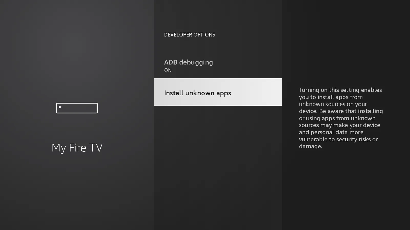 Fire TV Settings > My Fire TV > Developer Options screen with Install unknown apps visible