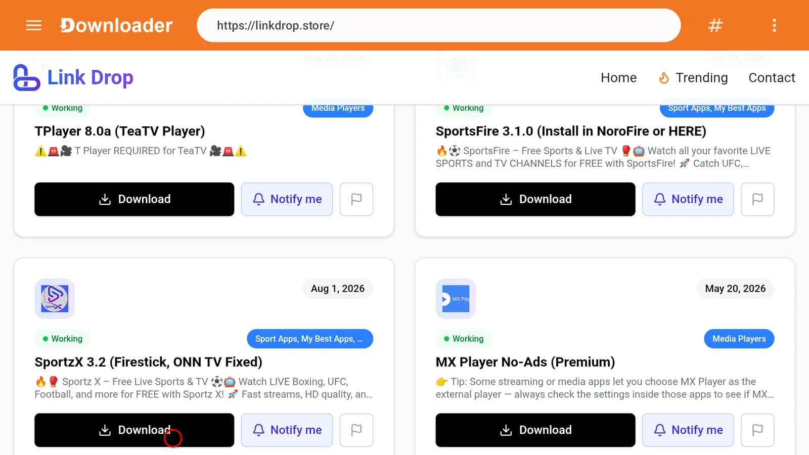 LinkDrop collection page showing the SportzX app tile
