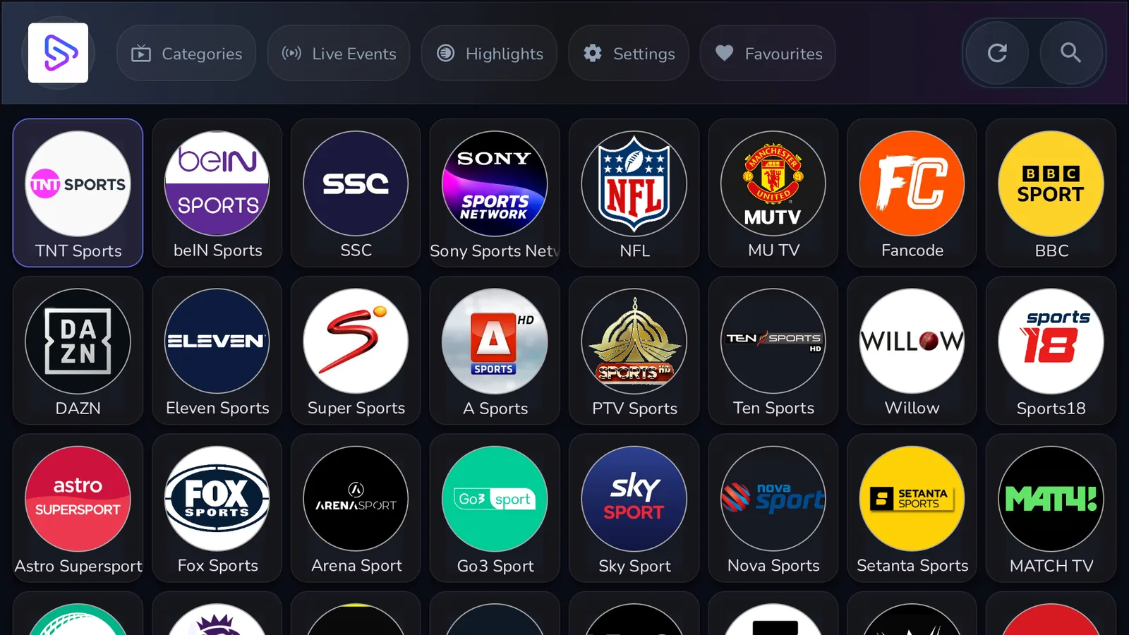 SportzX home screen showing sports categories on Firestick