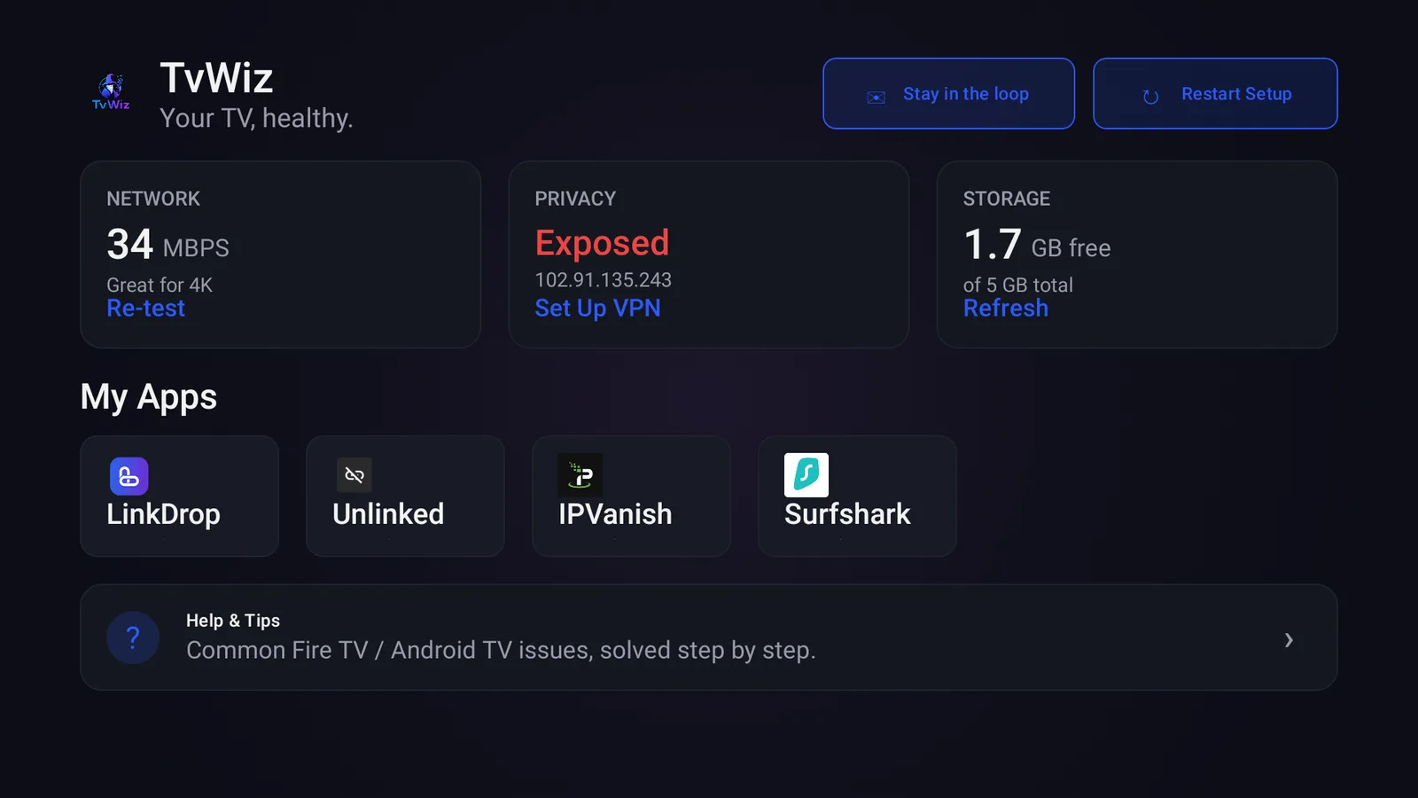 TV Wizard app screen after it opens on Firestick