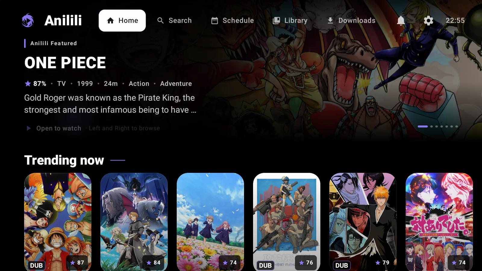 An anime app's home screen with series artwork