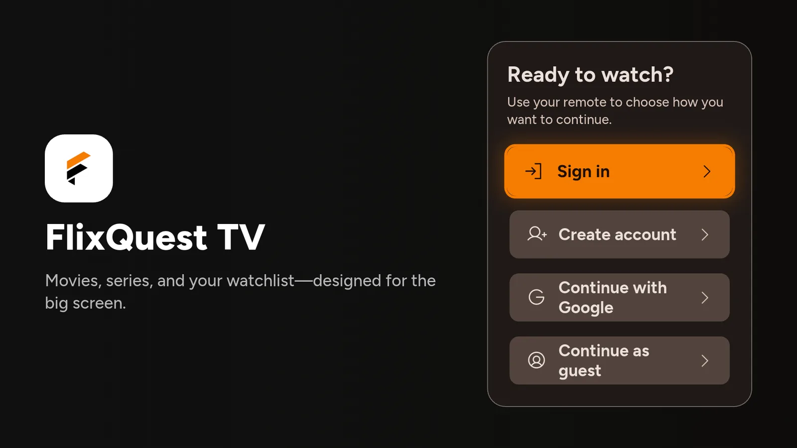 The FlixQuest welcome screen with the Continue as guest option