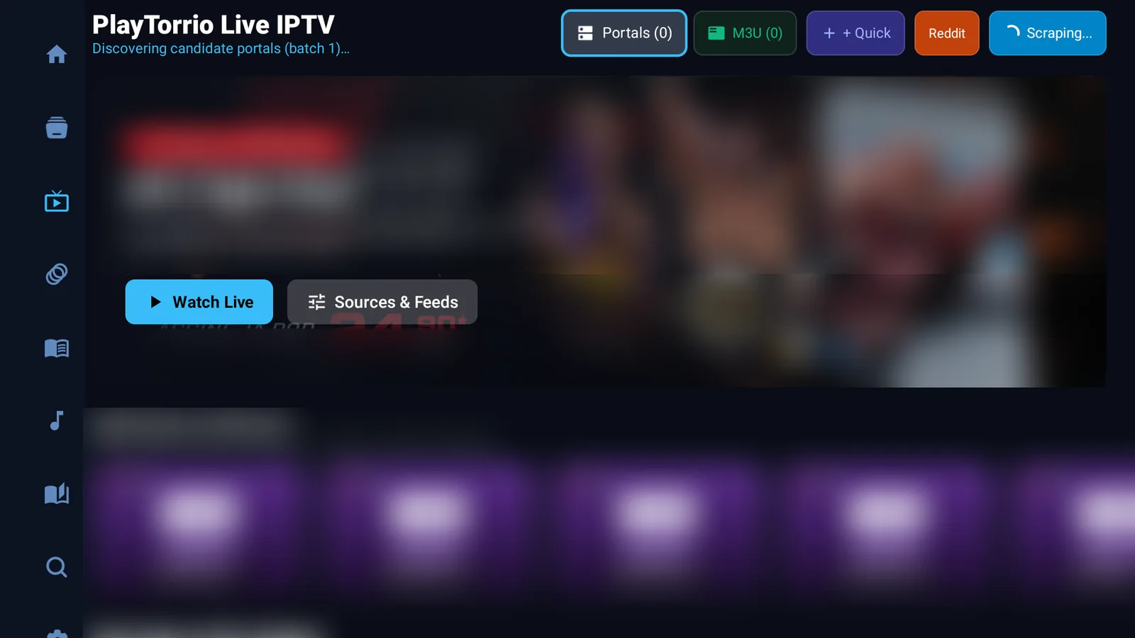 The PlayTorrio Live IPTV screen with the Portals, M3U and Quick buttons
