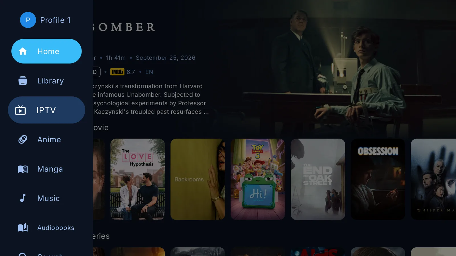 The PlayTorrio menu showing Home, Library, IPTV, Anime, Manga, Music and Audiobooks