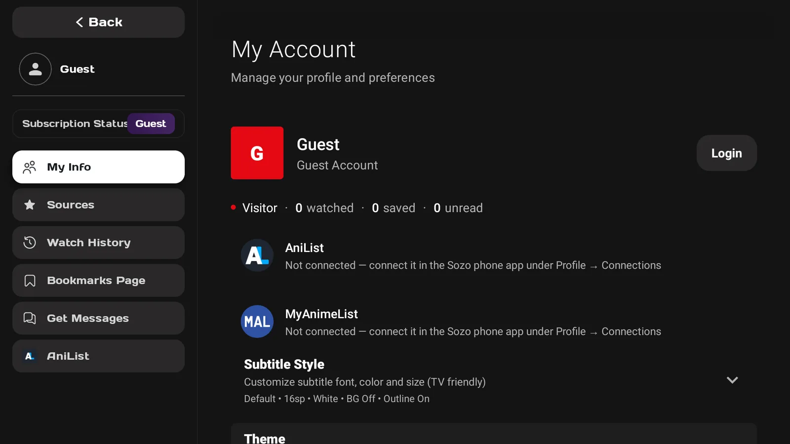 The Sozo TV My Account screen showing a Guest account and the Sources option