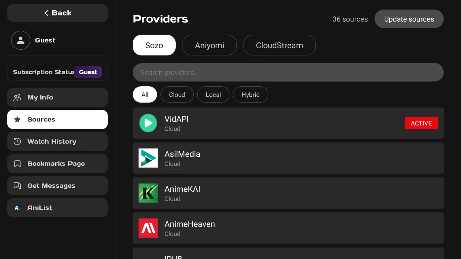 The Sozo TV Sources screen with VidAPI marked Active