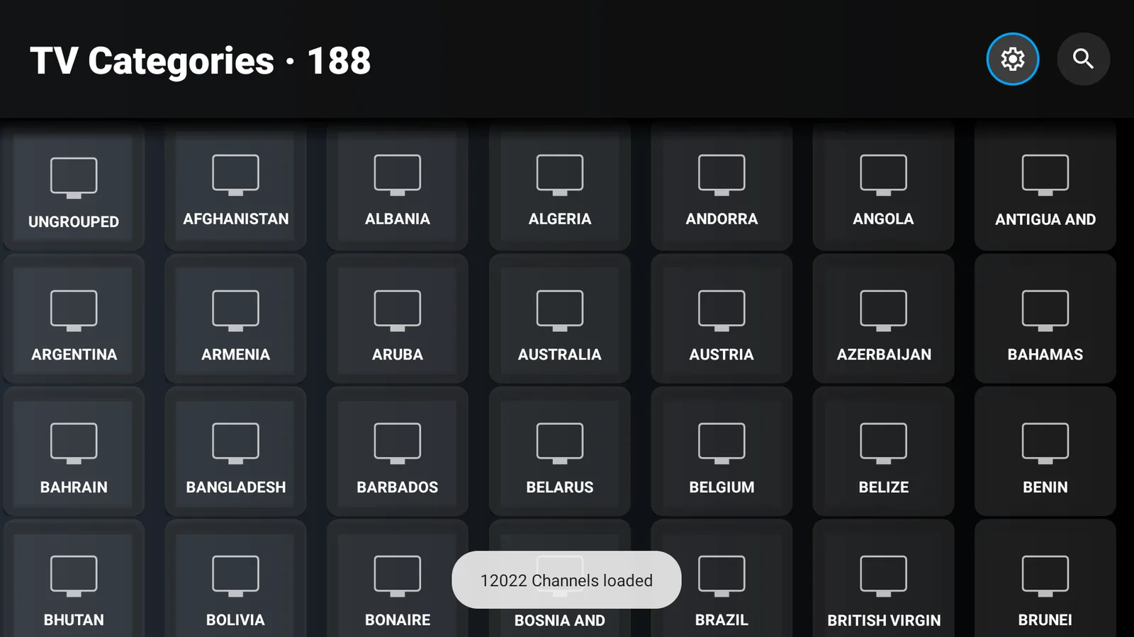 The FlixVision Live TV screen with 188 country categories and 12022 channels loaded