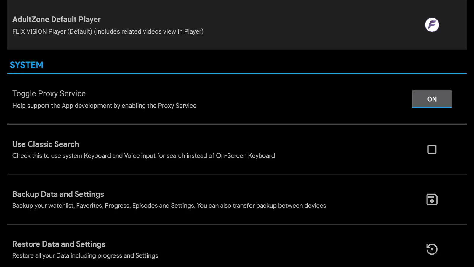 The FlixVision System settings with Toggle Proxy Service switched on