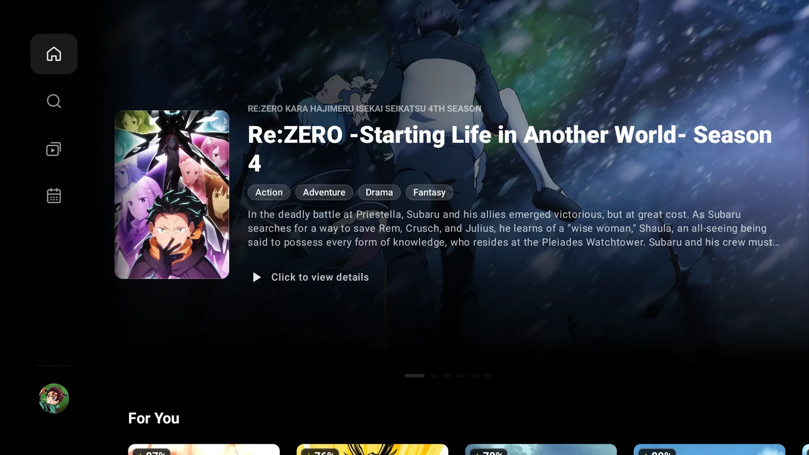 The AnikenTV home screen with a featured anime series and the For You row