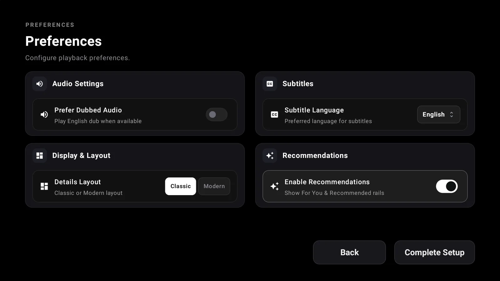 The AnikenTV preferences screen with Prefer Dubbed Audio and subtitle language