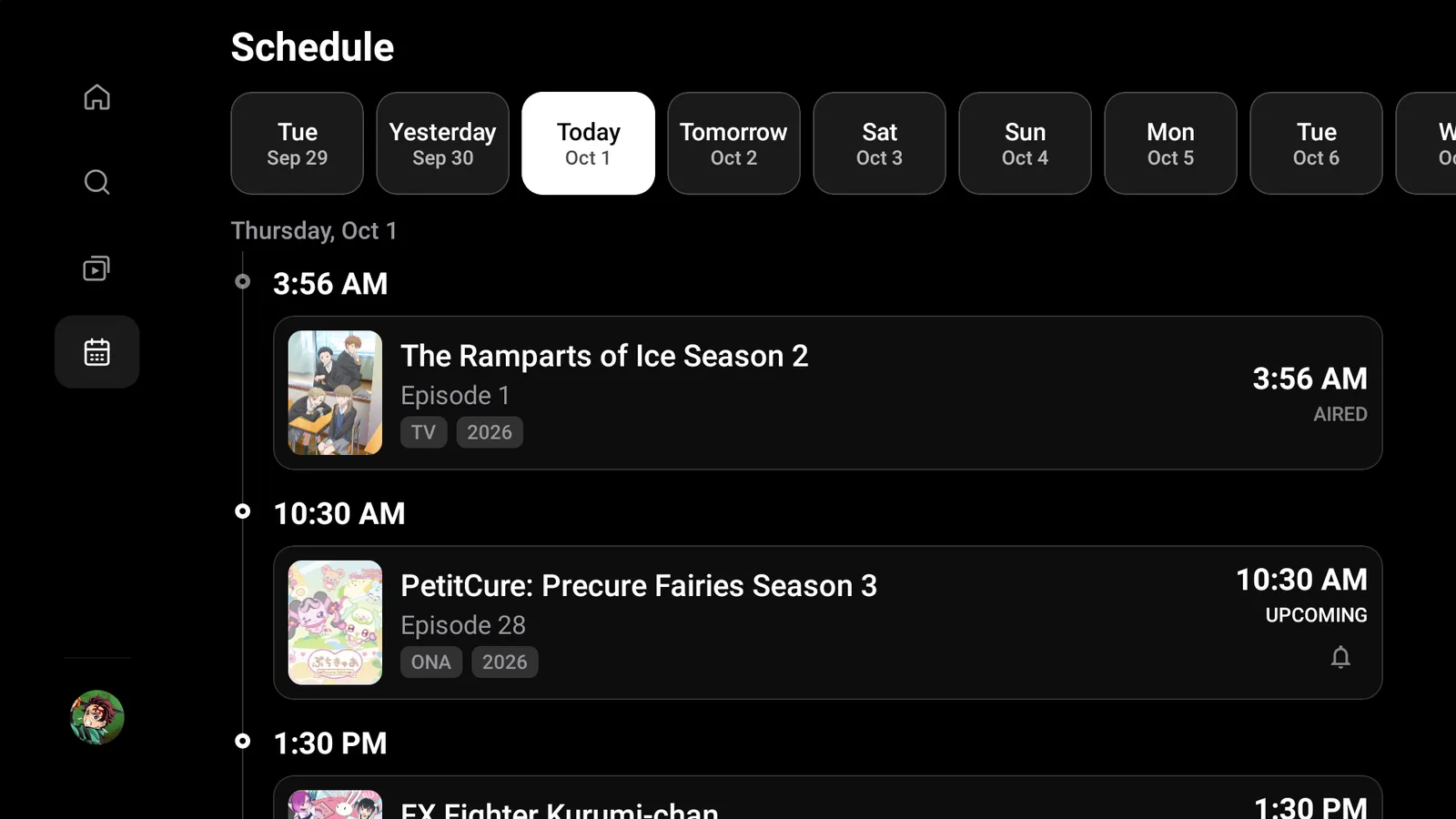 The AnikenTV schedule showing which episodes air today