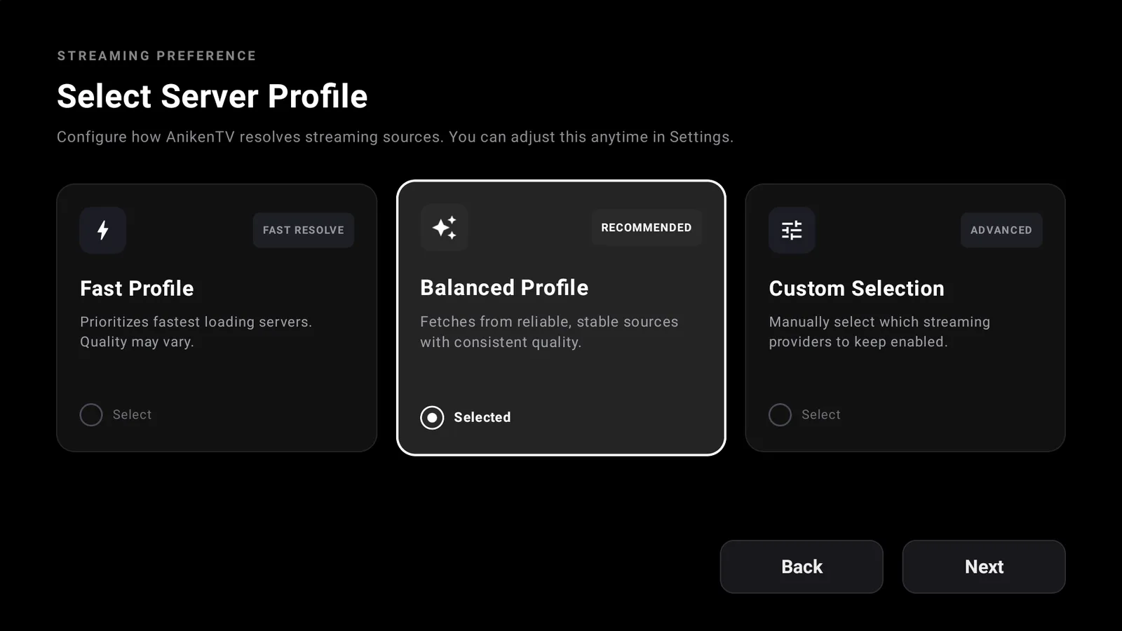 The AnikenTV server profile screen with Balanced Profile selected