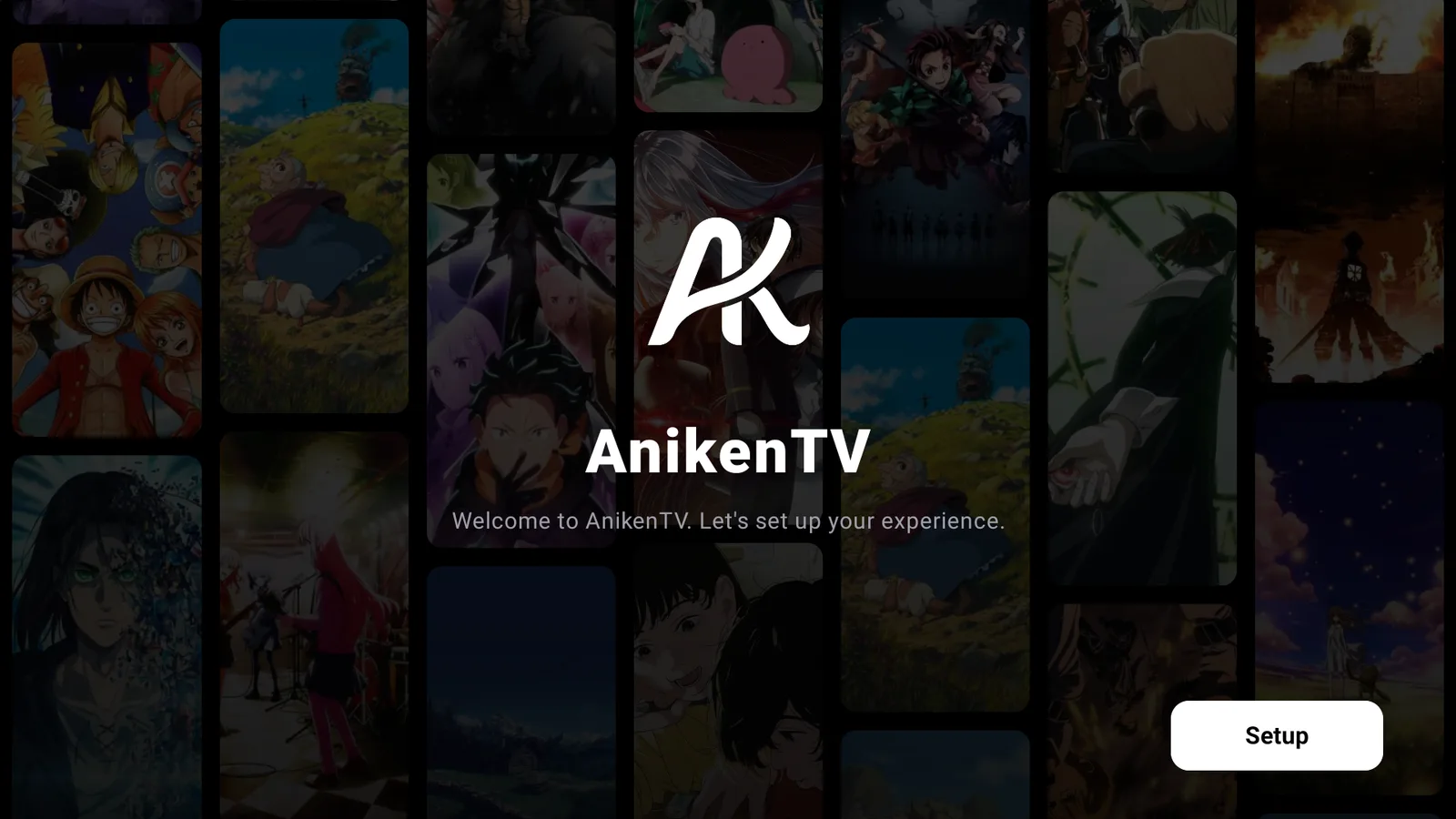 The AnikenTV welcome screen with the Setup button